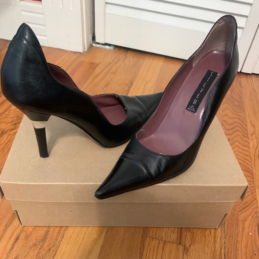 Steven black high heeled pumps with silver heel accent
